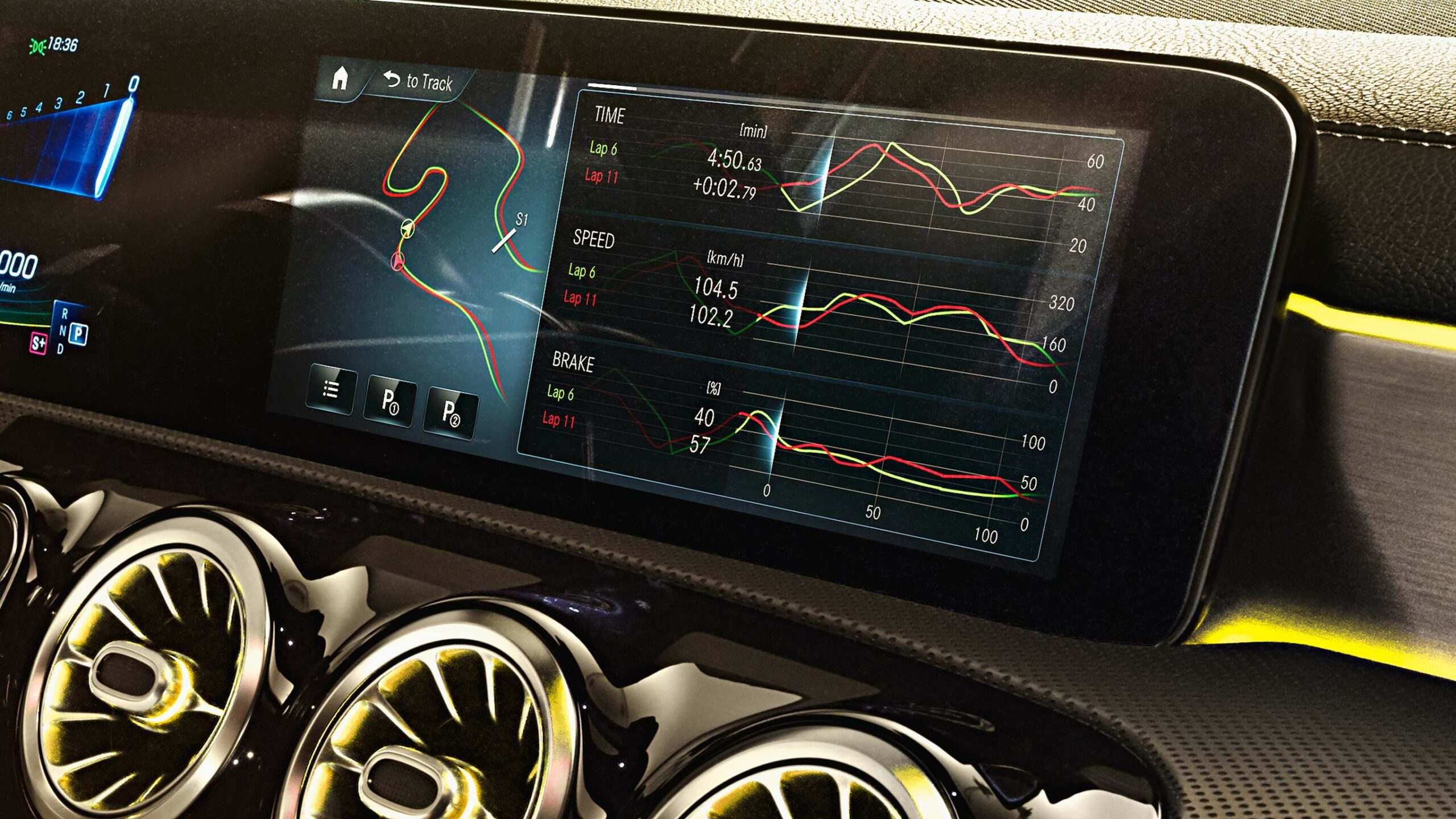 Tablero mostrando el rendimiento de la Clase A AMG compacta de Mercedes-Benz